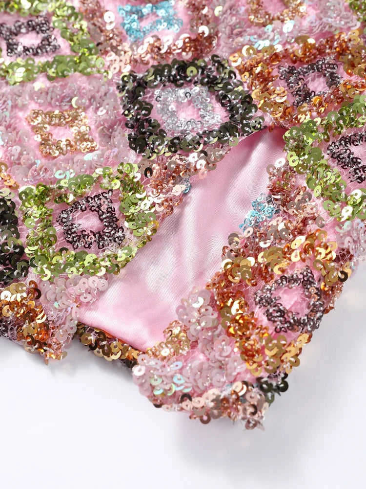 Abito con scollo all'americana con fiori 3D con paillettes Profondo scollo a V Glitter Abiti da festa spaccati scollati sexy Abiti lunghi da spiaggia lavorati a maglia slim fit estivi