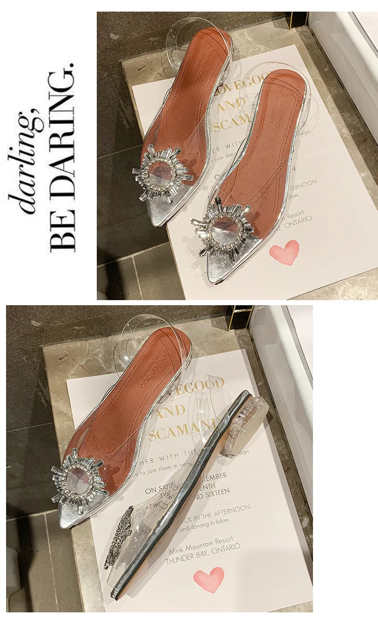 Sandali con tacco alto a punta da donna estivi Pantofola in vetro trasparente Tacco spesso Scarpe alla moda a forma di vetro da vino