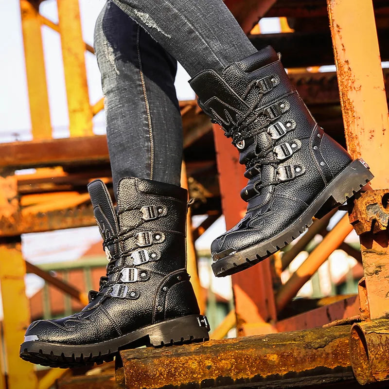Men's Motorcycle Boots Outdoor Boots Four Season Fashion Cycling Shoes High Top Mens Casual Boot PU Leather Boots Plus Size 46