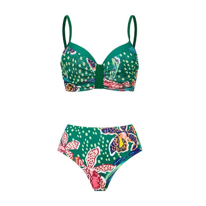 Vintage Green Abstract Print Bikini Set Women Push Up High Waist Swimsuit 2026 Beach Bathing Suit Long Skirt 3 Piece Swimwear