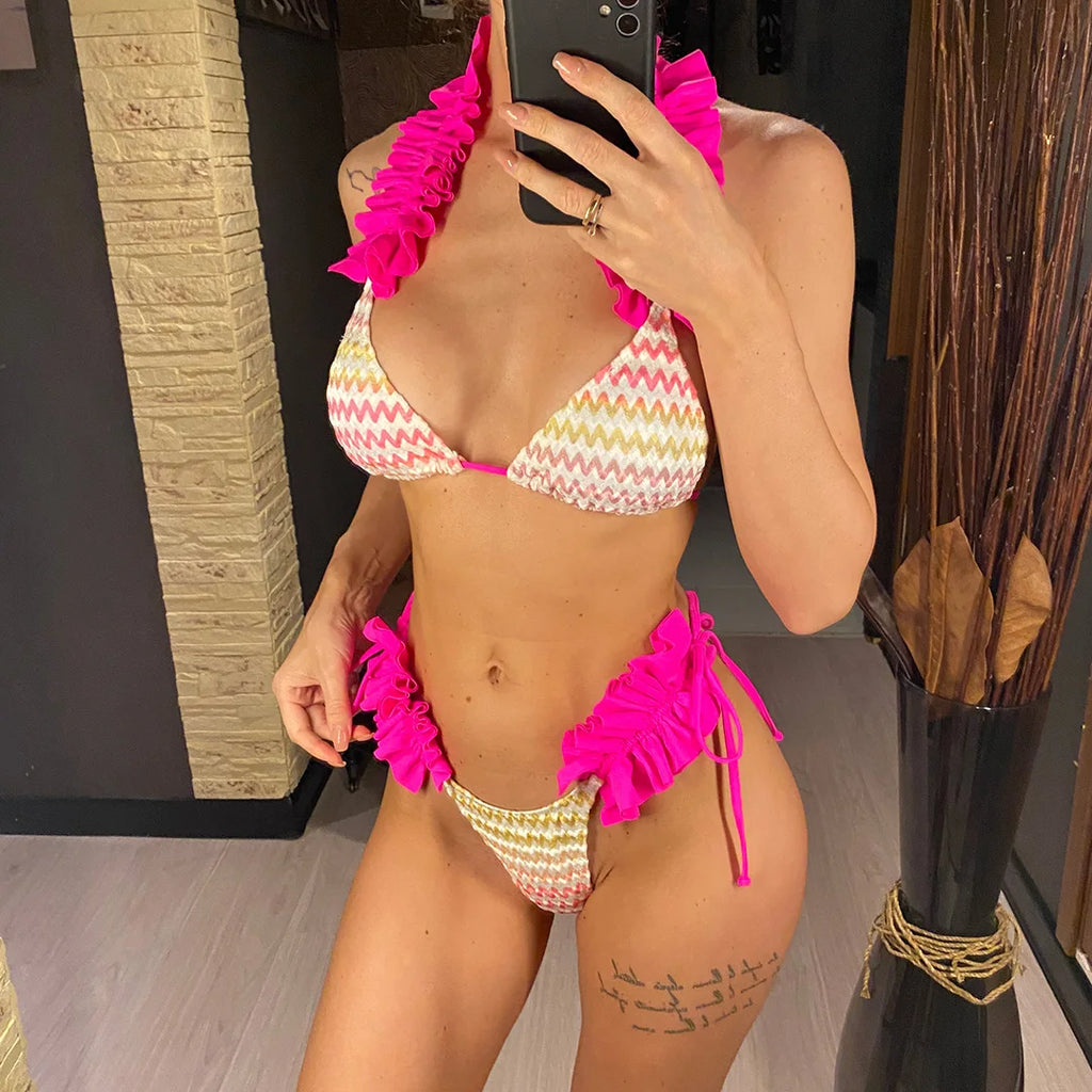 Con gonna Waved Ruffled Bikini con volant costume da bagno femminile costumi da bagno donna tre pezzi Bikini set bagnante costume da bagno Swim V5235