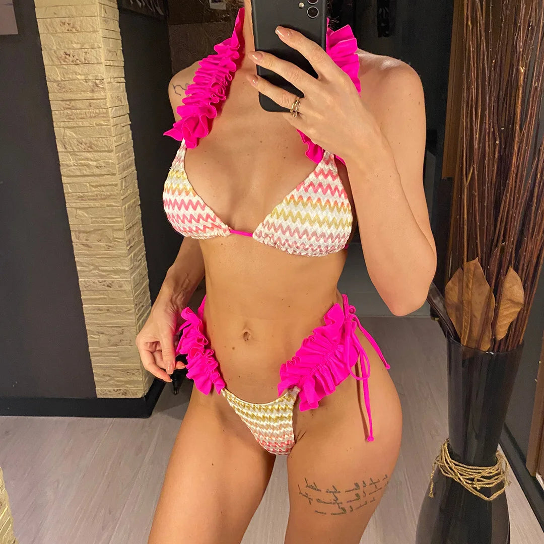 Con gonna Waved Ruffled Bikini con volant costume da bagno femminile costumi da bagno donna tre pezzi Bikini set bagnante costume da bagno Swim V5235