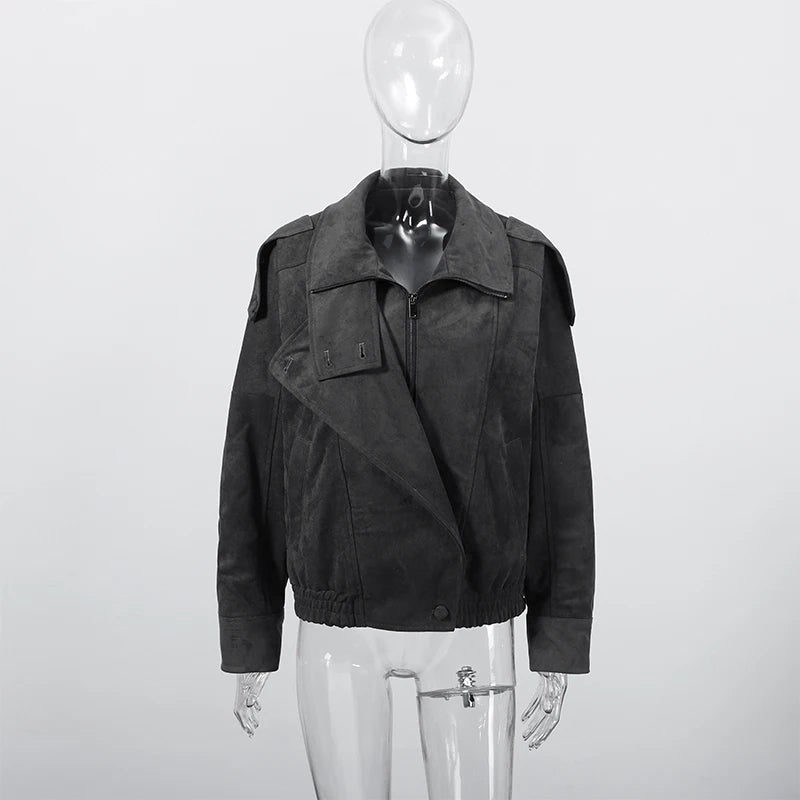 Giacca bomber da donna in camoscio grigio scuro, con colletto alla coreana, maniche lunghe, oversize, asimmetrica, stile street, giacche da donna autunno 2026