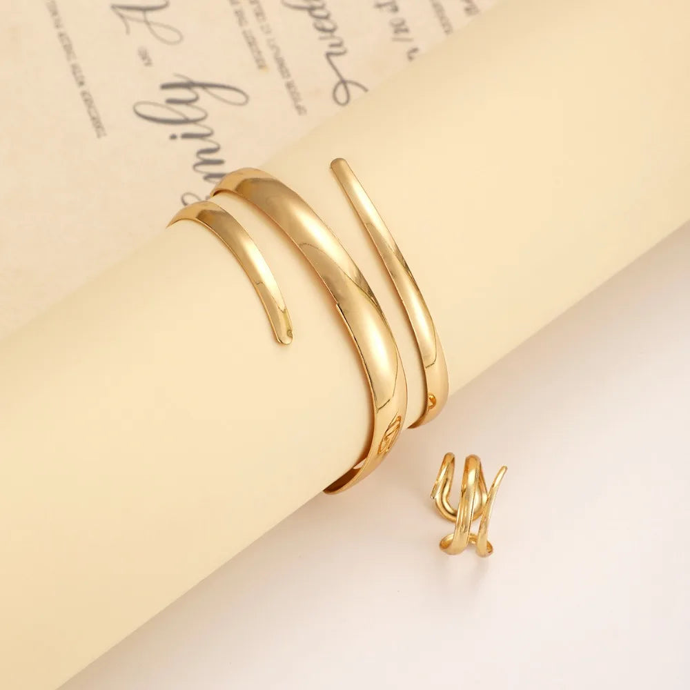 Ensemble de bijoux bracelet et bague épais européens et américains pour femmes, couleur or, ligne géométrique, combinaison bracelet et bague, ensemble cadeau