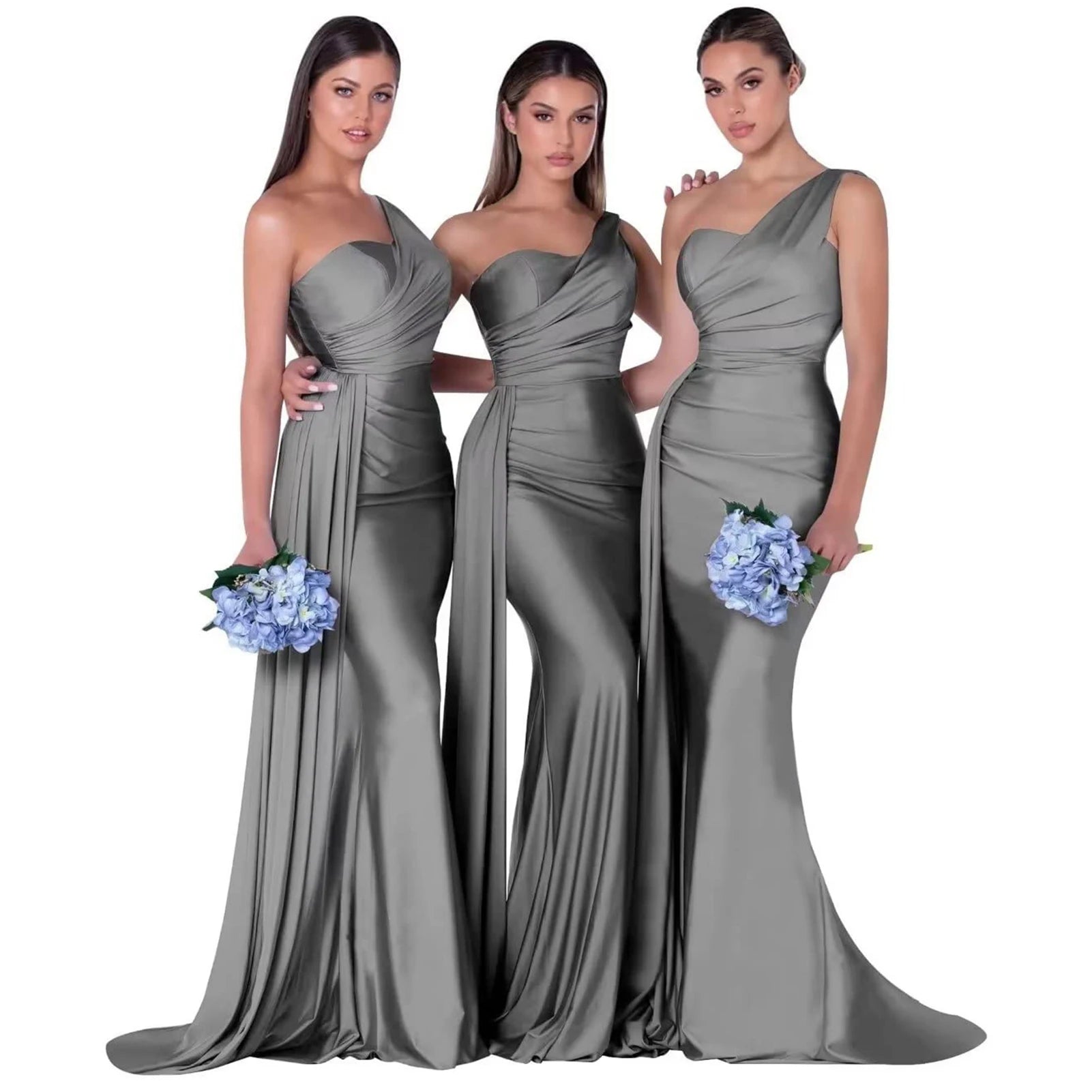 Abiti da damigella d'onore eleganti a sirena monospalla senza maniche in raso abito da cerimonia nuziale abiti para bodas con strascico personalizzato