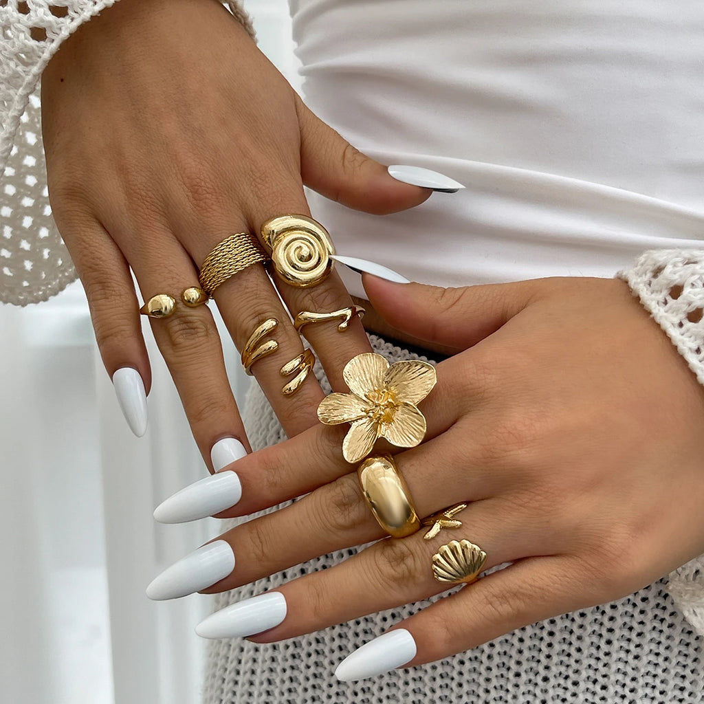 Ingemark 8 Pz/set Vintage Metallo Petalo Fiore Goccia D'acqua Anelli Aperti per Le Donne di Tendenza 2025 Goth Anello Geometrico Regalo Dei Monili Quotidiani