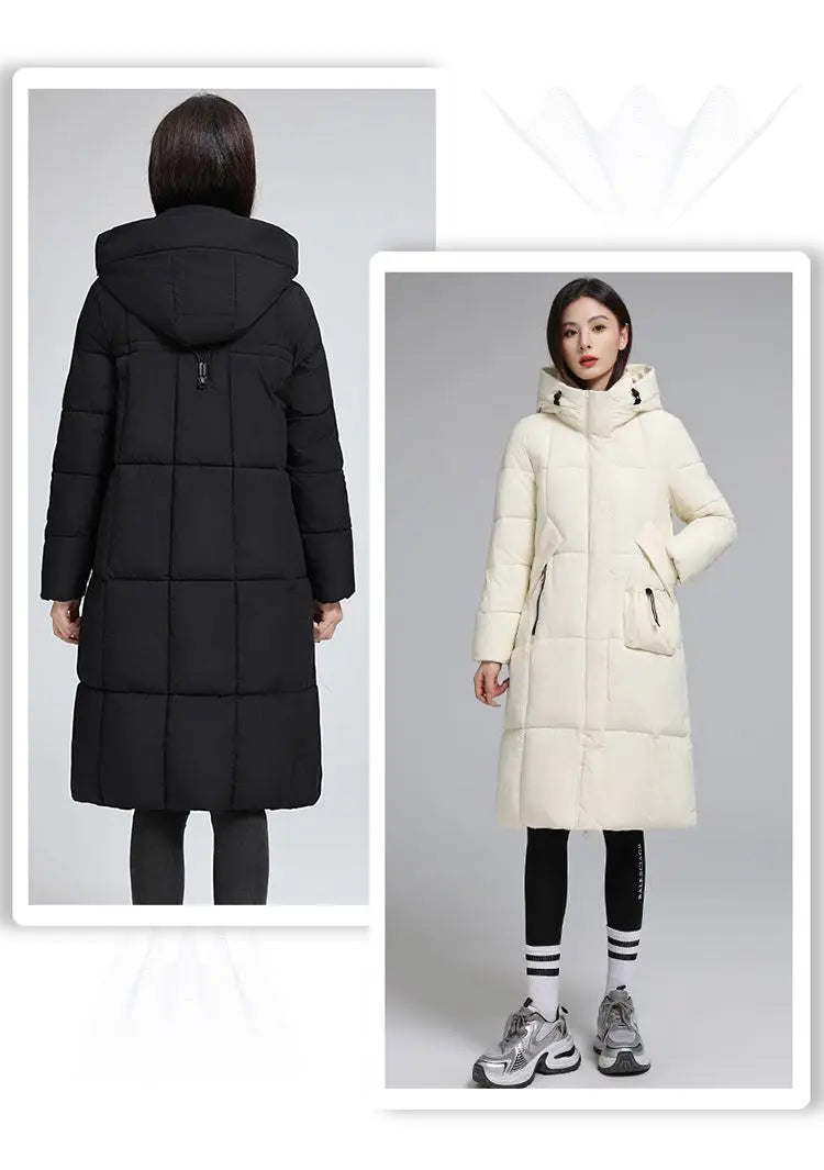 Caldo piumino in cotone da donna Inverno 2025 Nuova versione coreana Cappotto lungo con cappuccio allentato Cappotto Parka spesso antivento femminile