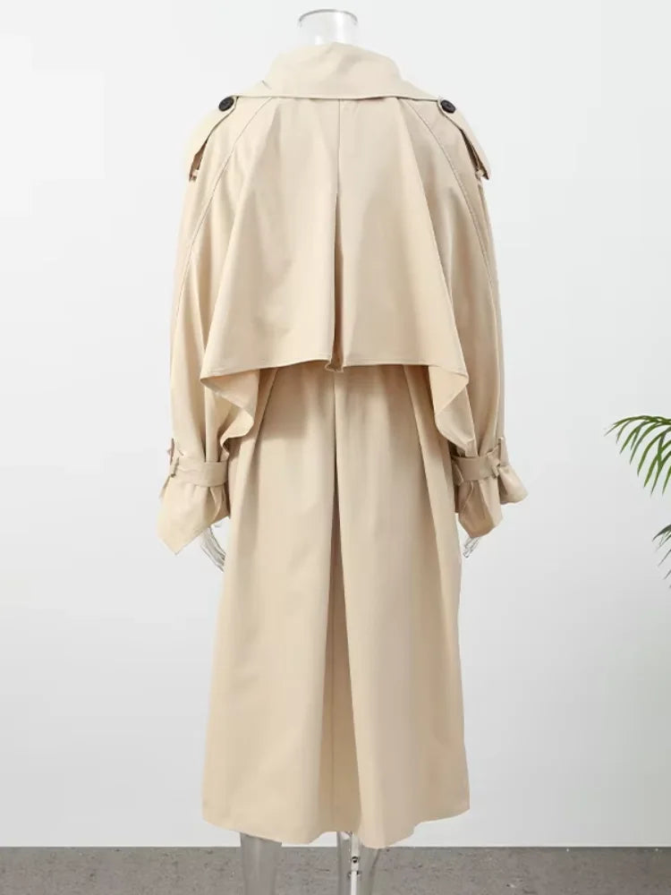 Trench lungo con lacci solido Moda donna Manica intera Risvolto monopetto Capispalla allentato Lady Autunno Cappotto Highstreet quotidiano