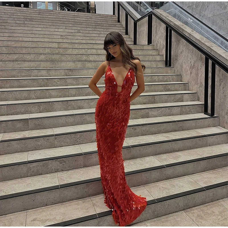 Abito lungo da donna con paillettes Abito lungo con scollo a V Solido Backless Vita alta Abiti senza maniche 2025 Moda Nuova estate Lady Party Robes