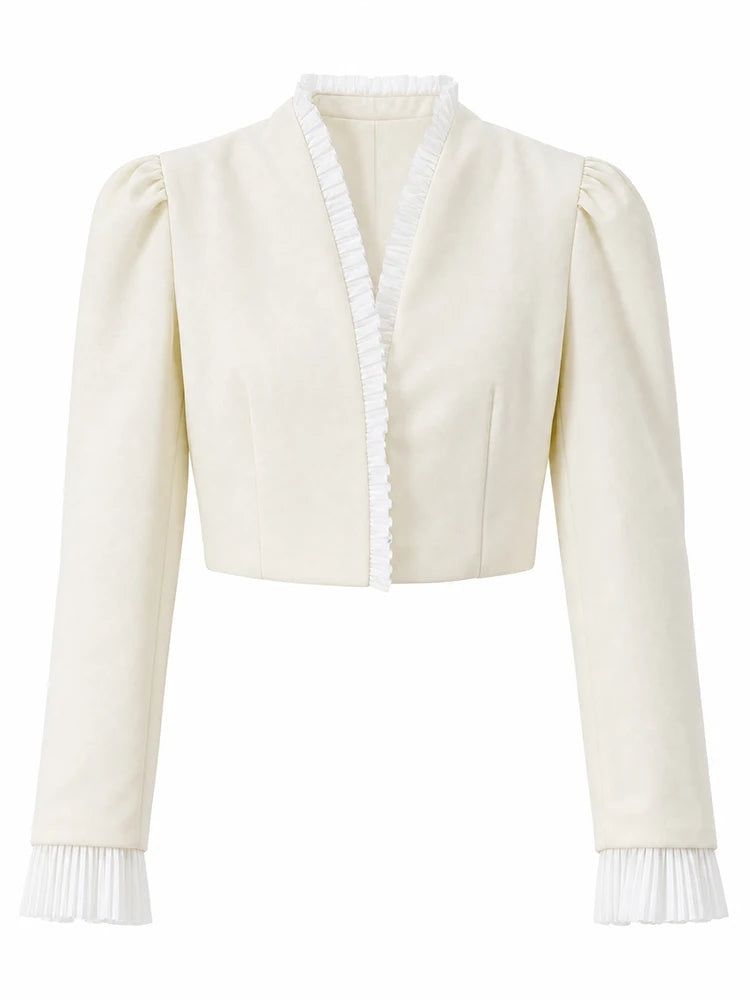 Completo di Top Corto e Gonna Midi in Tulle Bianco, Lussuoso, con Scollo a V, Maniche Lunghe a Sbuffo, Vestibilità Slim, Collezione Primavera 2026, per Appuntamenti e Ufficio