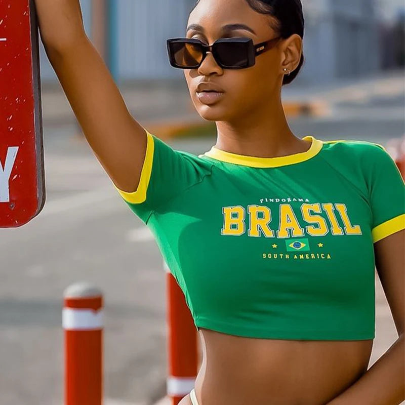 T-shirts courtes décontractées sexy d'été pour la plage, imprimé lettre Brésil, T-shirt femme 2026, mode printemps, manches courtes, col rond
