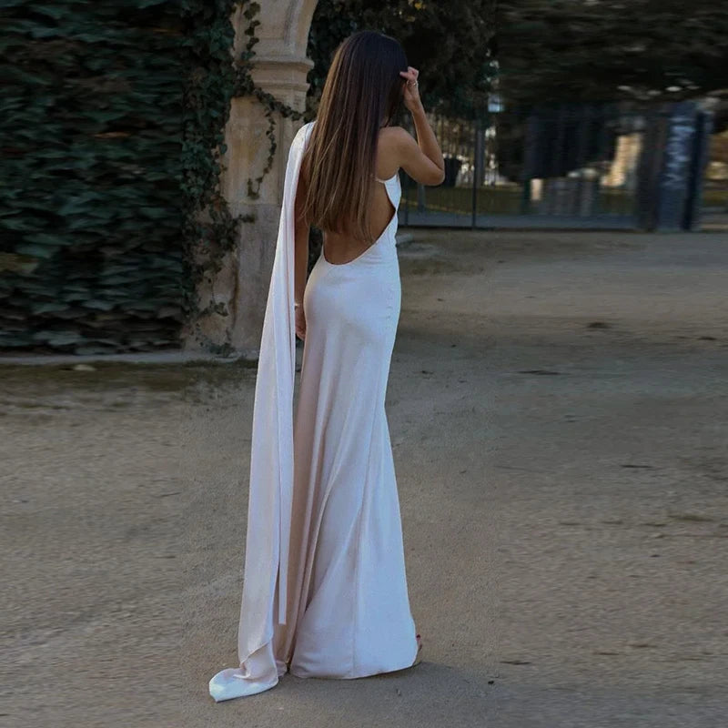 Abito Lungo Sexy Senza Maniche con Nastro, Elegante Vestito da Donna Slim in Raso con Schiena Scoperta e Lacci, Abito da Festa alla Moda 2026, Tinta Unita, per Vacanze, da Donna