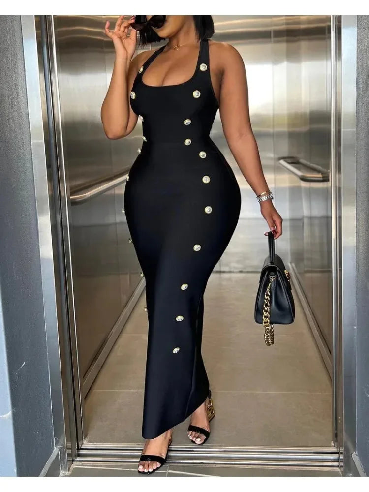 Robe d'été sexy pour femmes, licou sans manches, longue, moulante et boutonnée, robe de soirée élégante 2025, nouveaux vêtements pour femmes