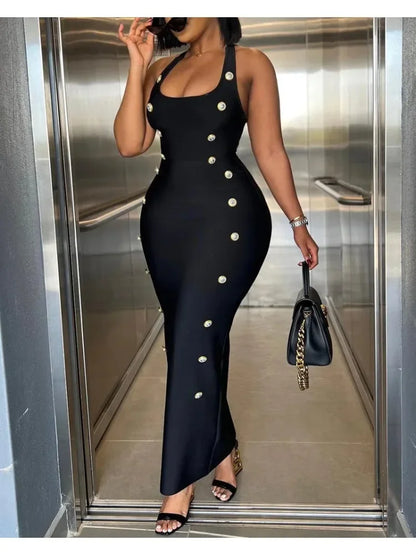 Robe d'été sexy pour femmes, licou sans manches, longue, moulante et boutonnée, robe de soirée élégante 2025, nouveaux vêtements pour femmes