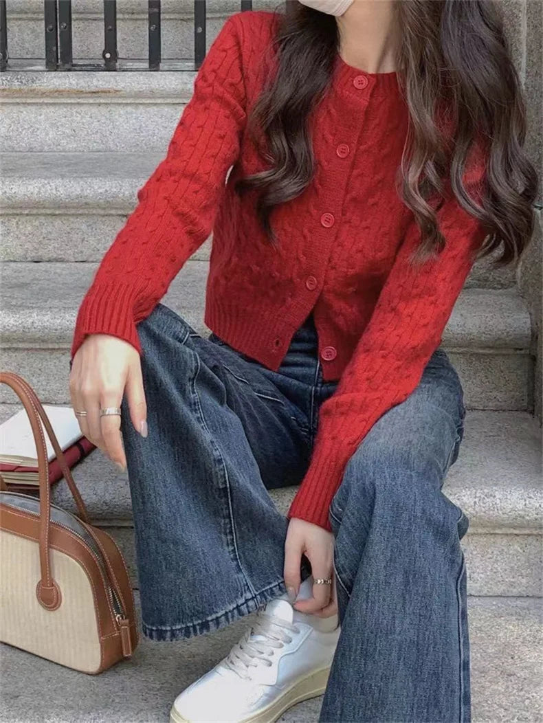 Bottoni Slim caldi in lana invernale da donna O collo maglieria corta coreano Harajuku moda manica lunga lavorato a maglia con collo elastico Top