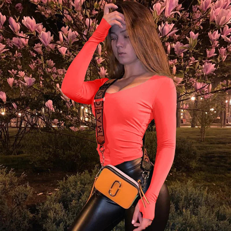 Body arancione al neon da donna manica lunga aderente sexy autunno inverno streetwear club abiti da festa abbigliamento femminile casual