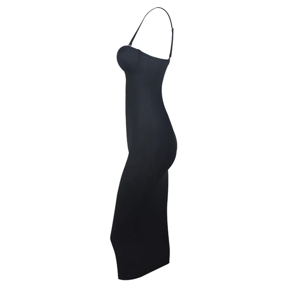 Becirzet Abiti da donna Sexy Girl Push Up Dimagrante Modellamento del corpo Controllo della vita Abito lungo da sera senza schienale con spacco all'americana nero