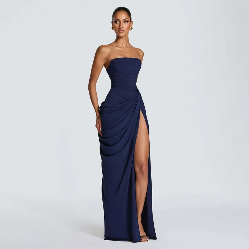Elegante Abito Giallo Senza Spalline con Pieghe, Chic Senza Maniche, con Spacco e Vita Stretta, Vestito Lungo da Sera per Donna 2026