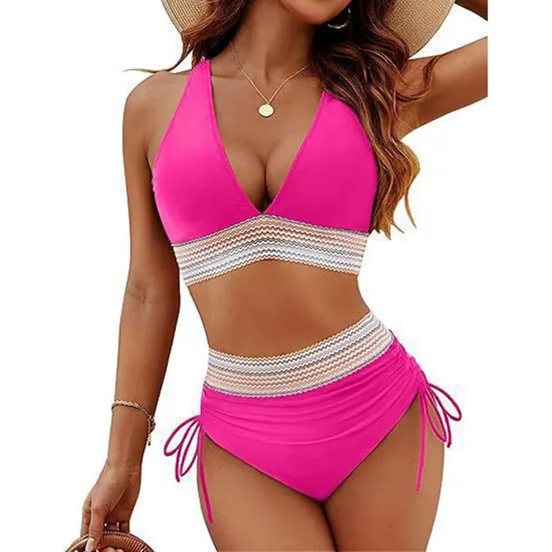 Ensemble de bikini sexy à col en V profond pour femme 2026, plage d'été avec coussin de poitrine, maillot de bain taille haute, bikini triangle à cordon de serrage