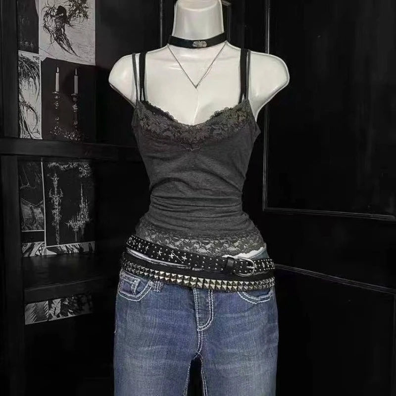 Canotta da donna in pizzo patchwork canotta corta vintage Y2k moda estiva streetwear canotta femminile sexy senza maniche con spalle scoperte