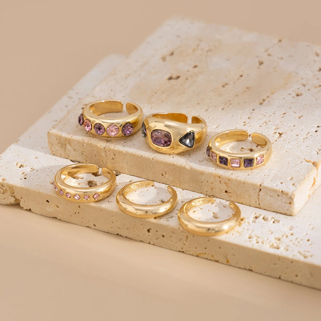 Salircon 6 Pz/set Intarsiato Zircone Viola Anello di Apertura Regolabile Set Donne Anello di Colore Oro Liscio per il Regalo Dei Gioielli Quotidiani Femminili
