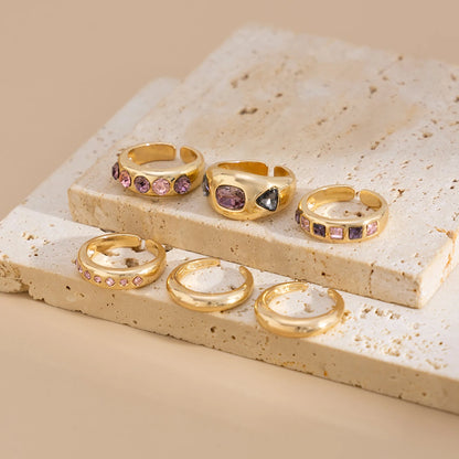 Salircon 6 Pz/set Intarsiato Zircone Viola Anello di Apertura Regolabile Set Donne Anello di Colore Oro Liscio per il Regalo Dei Gioielli Quotidiani Femminili