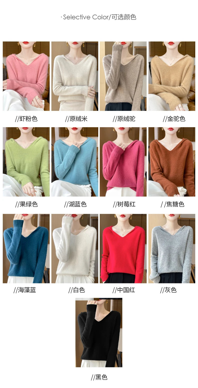 Abbigliamento donna autunno inverno colletto con cappuccio pullover maglione di lana merino 100% nuova moda top in cashmere che tocca il fondo maglieria morbida
