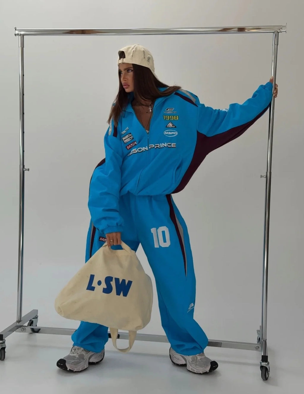 2026 Set Giacca e Pantaloni Sportivi Stile Harajuku Blu a Contrasto, Giacca con Ricamo Americano e Colletto Alto, Pantaloni a Gamba Larga