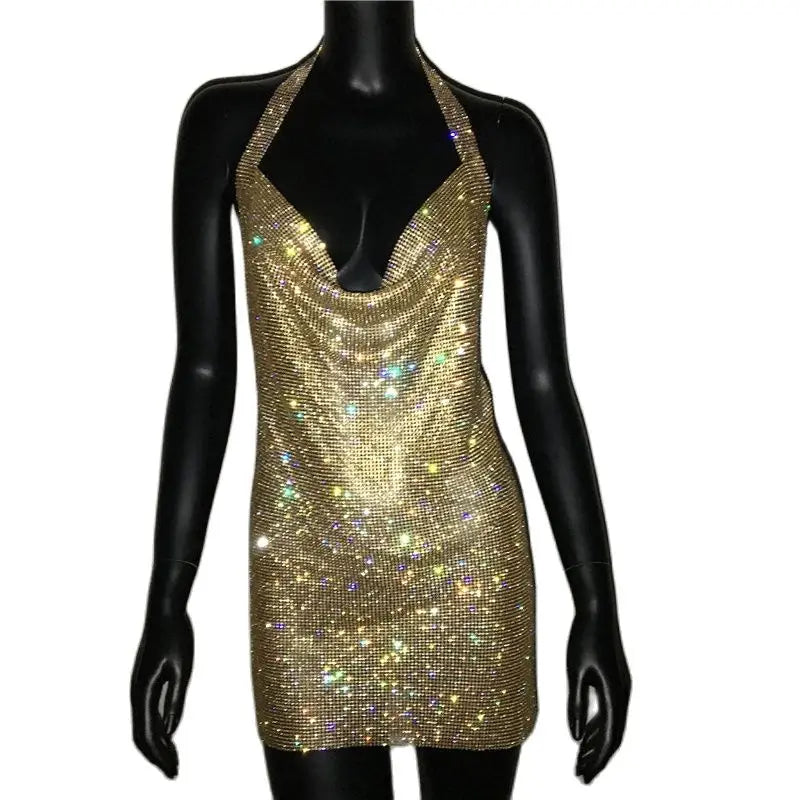 Mini abito sexy con scollo a V senza schienale per le donne Abiti da sera da club per feste con strass lucidi con scollo all'americana e spacco laterale