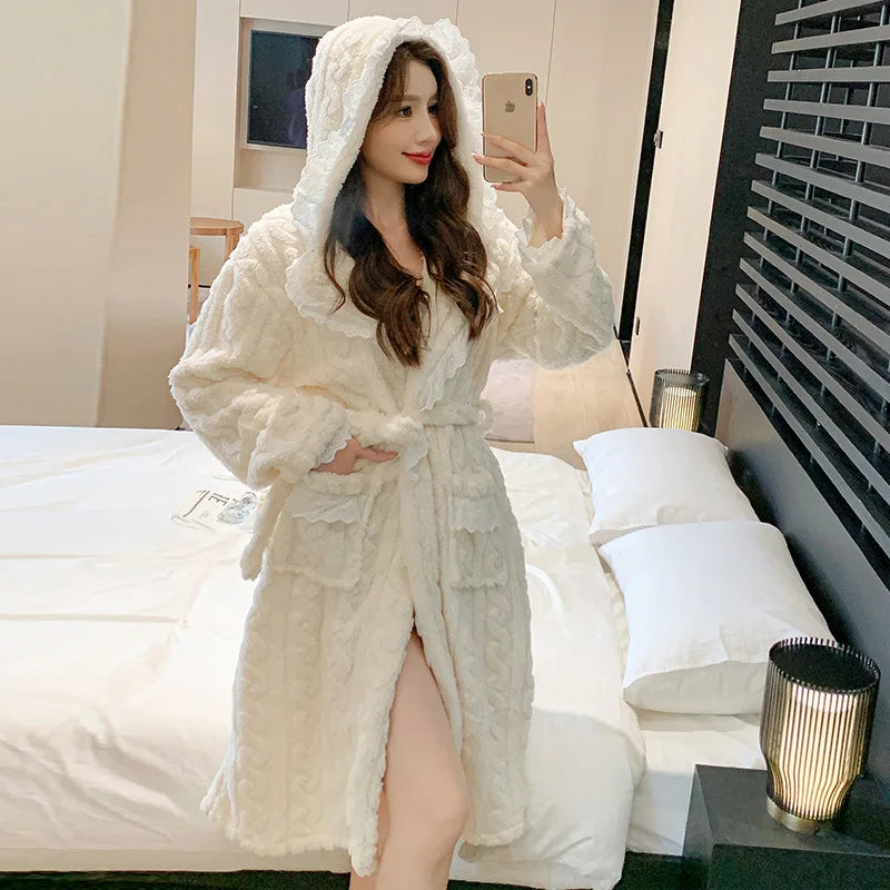 Abito di flanella da donna indumenti da notte addensati invernali caldo in pile di corallo accappatoio lungo camicia da notte abito da casa Casual allentato Lounge Wear