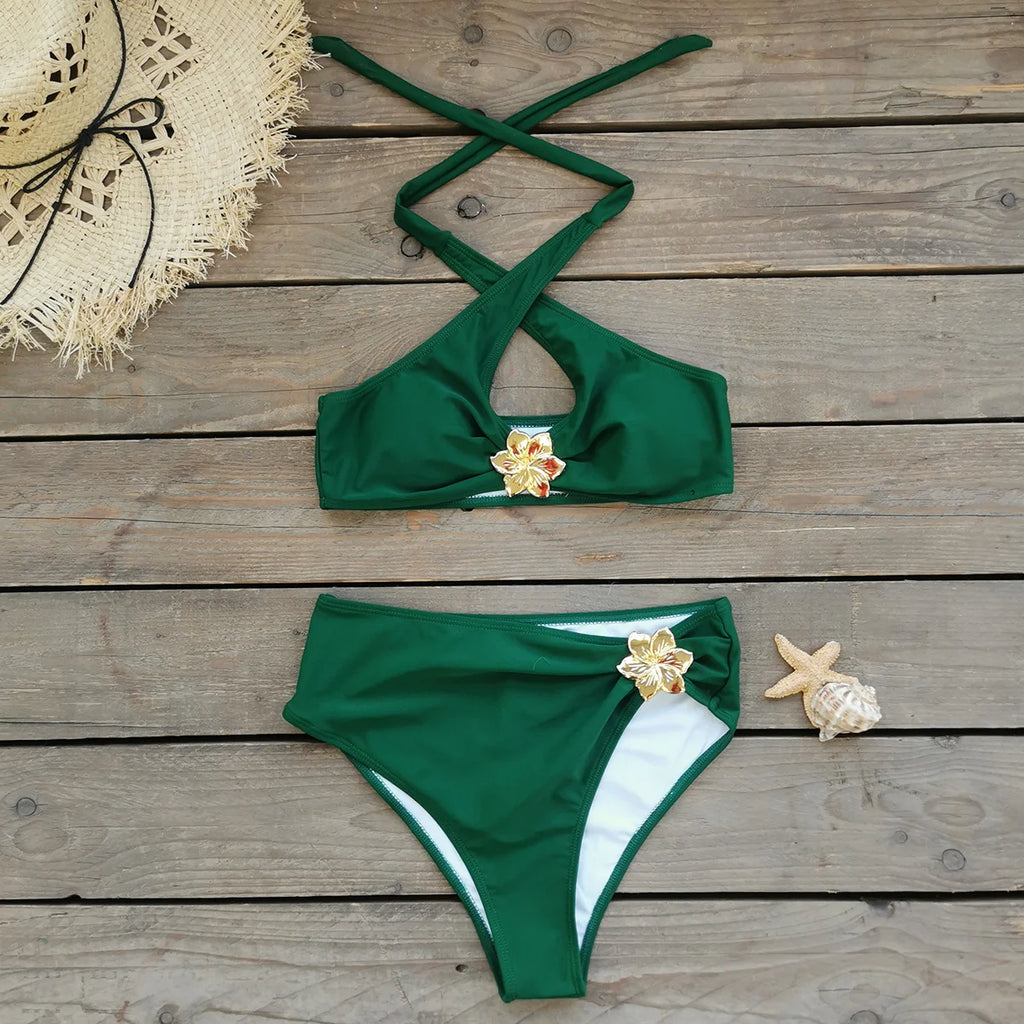 Bikini con scollo a V donna nuovo costume da bagno con volant bikini rosso set costumi da bagno con scollo all'americana biquini a gamba alta costumi da bagno da spiaggia a vita alta