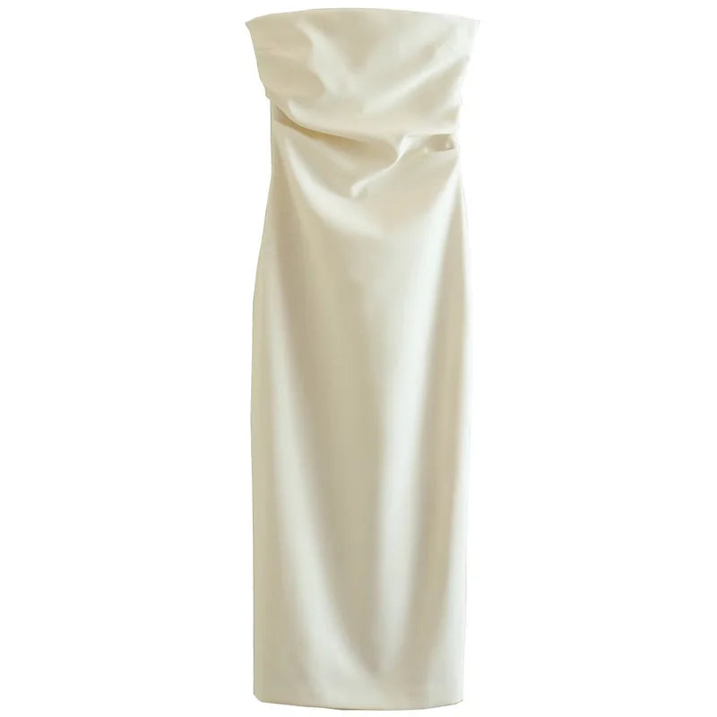 HXAO 2025 Abiti senza spalline da donna Estate Off White Nero Abito bianco Midi Increspato con spalle scoperte Abito senza schienale Abiti da ballo 066