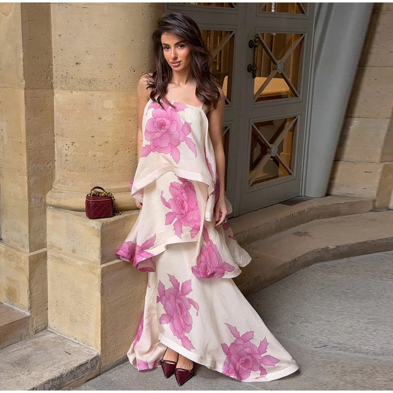 Abito Lungo da Donna con Stampa, Scollo a V, Maniche a Campana, Bordo a Foglia di Loto, Vita Alta, Vestito Maxi Aderente, Elegante Abito da Sera per Feste