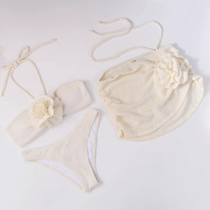 2025 Sexy Flowers Ensemble Bikini Trois Pièces Maillot De Bain Pour Femmes Bandage Uni Maillot De Bain Femme Maillot De Bain De Plage