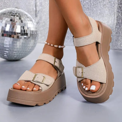 Chunky Plateau-Sandalen für Damen, 5 cm Keilabsatz, lässige Pantoletten mit dickem Boden für den Strand 320