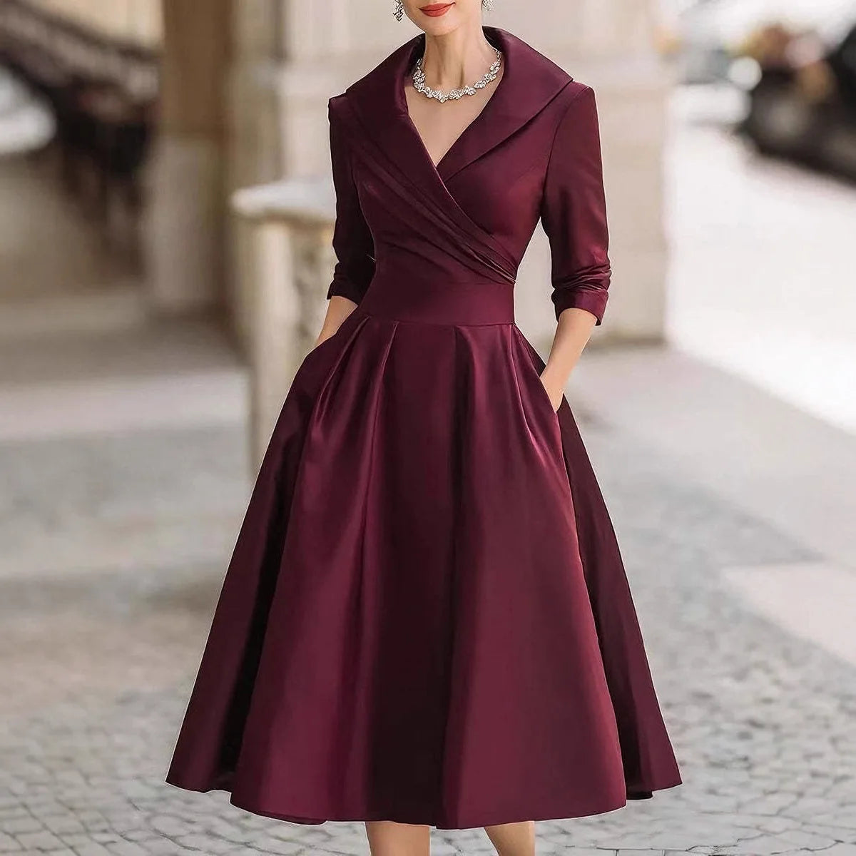 Office Lady Slim A-Line Dress Donna 2025 Autunno Inverno Moda Manica lunga Colletto rovesciato Abiti maxi Abiti eleganti