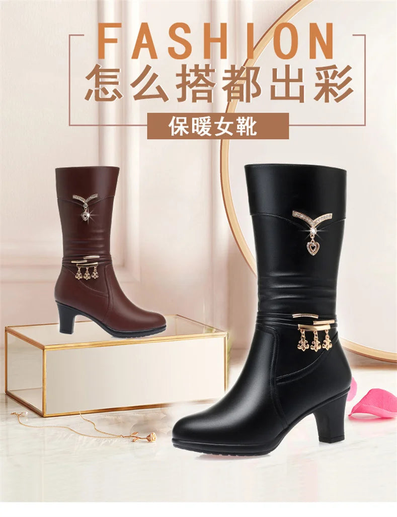 Women Comfortable Fleece Medium Boots Autumn Winter New Style Thick Heel Side Zipper Pointed Fashion High Heels Boots