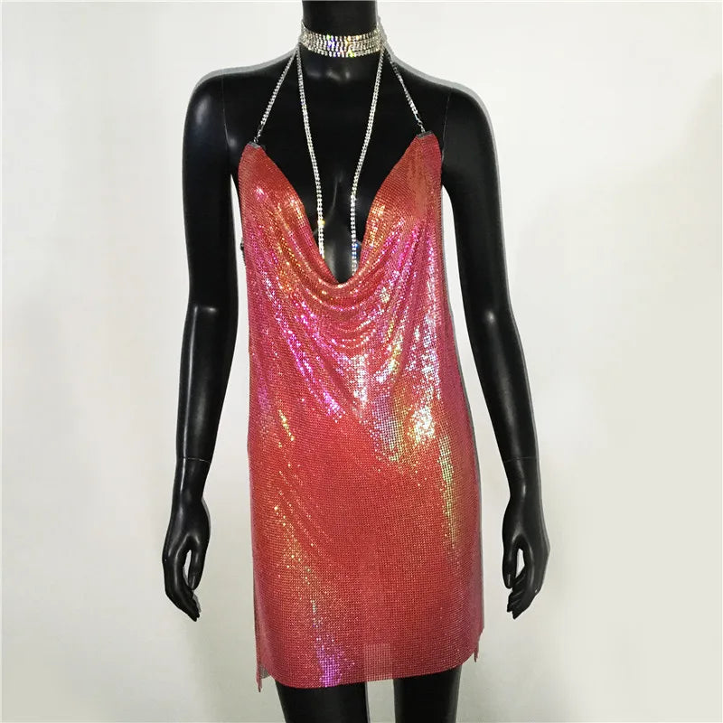 AKYZO Mini abito patchwork con paillettes dorate sexy Donna senza maniche Taglio basso Catene di metallo Halter Slim Abiti da festa da discoteca affascinanti