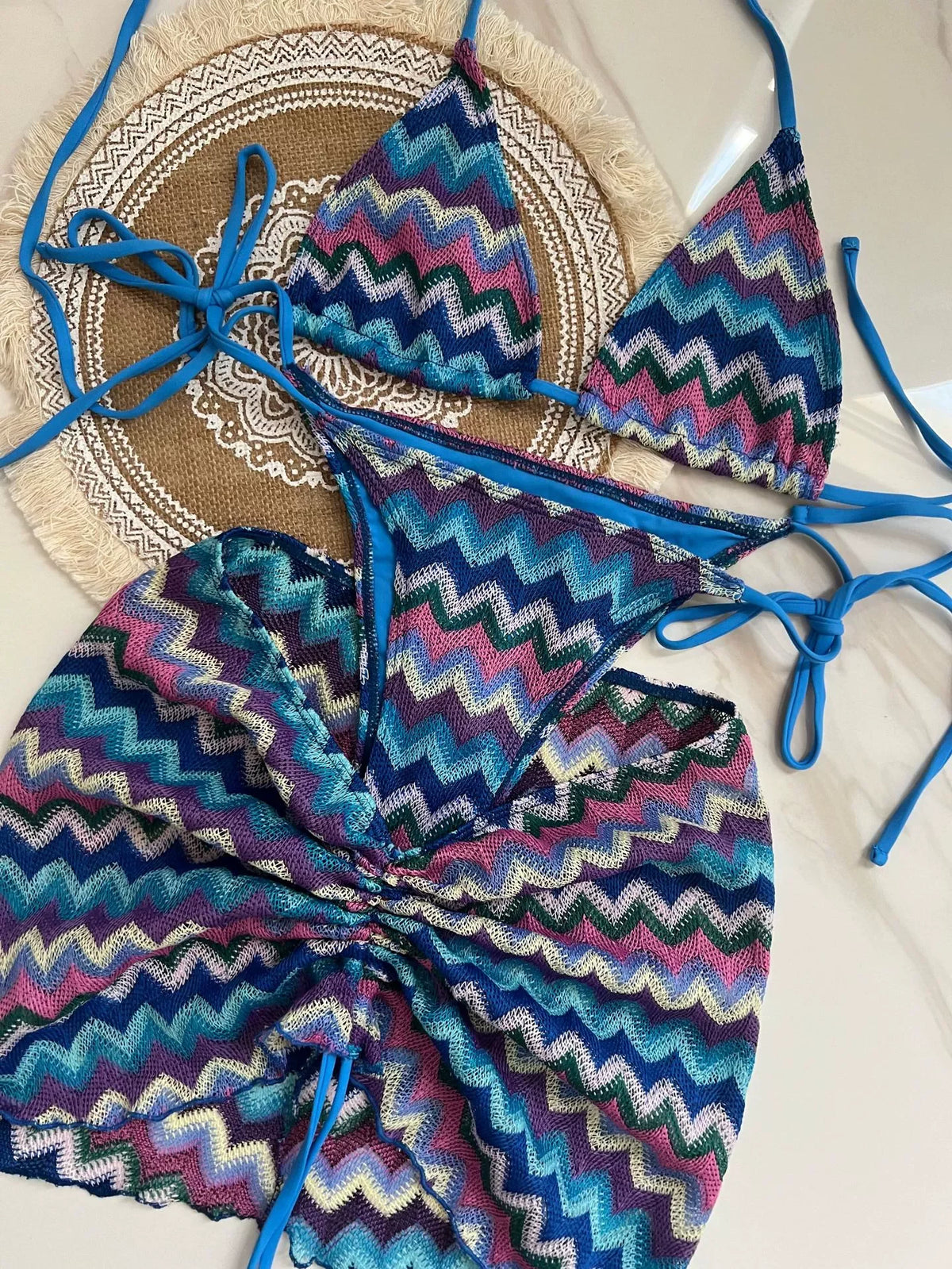 Costume da bagno donna Gonna bikini lavorata a maglia con foglie d'acero colorate Set tre pezzi Costume da bagno diviso Bikini