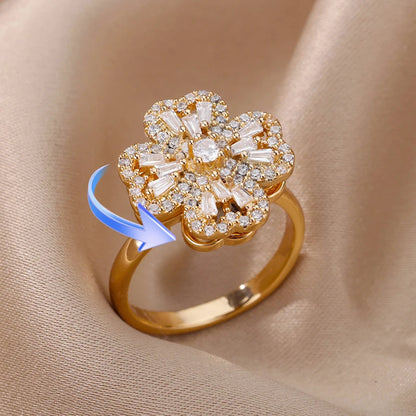Anelli di ansia rotanti a quattro trifogli per le donne Anello nuziale regolabile in acciaio inossidabile color oro Anelli regalo di gioielli estetici