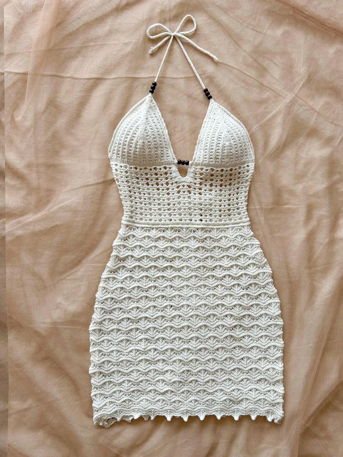 Robe d'été sexy tricotée à col en V creux, perles en bois, coupe ajustée, bretelles de vacances et dégradé de couleurs, robe sans bretelles