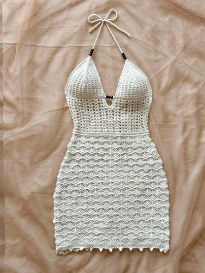 Robe d'été sexy tricotée à col en V creux, perles en bois, coupe ajustée, bretelles de vacances et dégradé de couleurs, robe sans bretelles