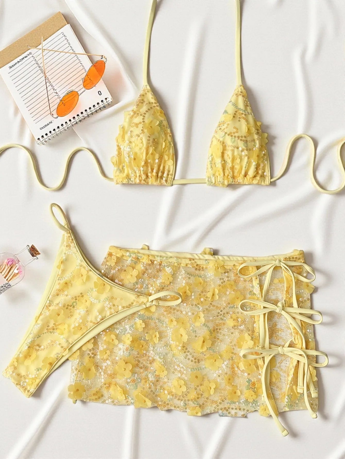 Costume da bagno a 3 pezzi con gonna in rete rosa con paillettes, reggiseno push-up e perizoma, stile brasiliano, per donna, ideale per le vacanze.