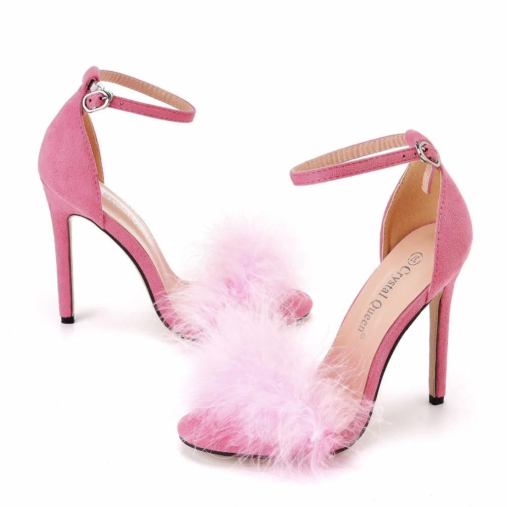 Sexy Feather High Heel Sandals Women's European  American Large 46 Fish Mouth High Heel Sandals Women Shallow Mouth Women's Shoe