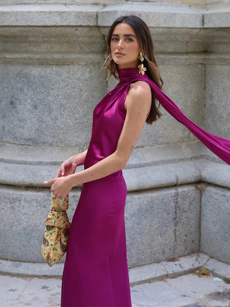 Sciarpa a nastro Halter Abito da donna Spalla inclinata Raso di seta Slim Fit Streamer Grandi abiti sexy senza schienale Abiti lunghi da donna Estate