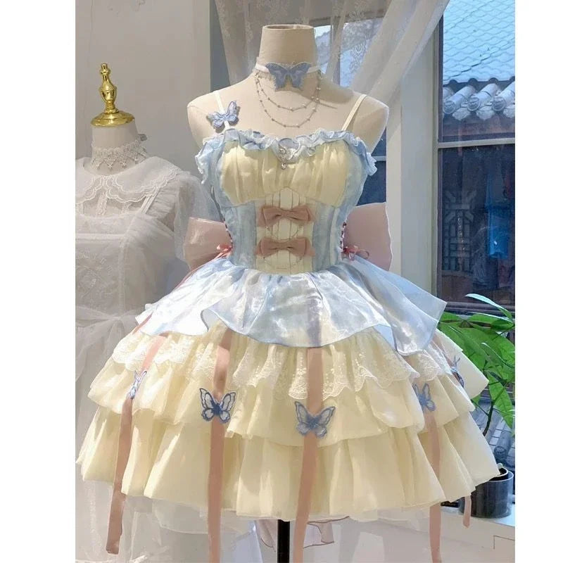 Sweet Lolita Y2k Mini abiti da donna patchwork in pizzo manica corta fasciatura elegante abito da festa corto vintage francese estivo femminile