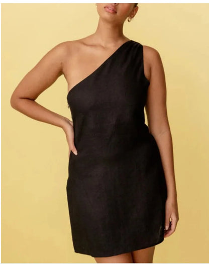 Summer Sexy Women Fashion Solid Mini Dress One-shoulder Asymmetric Diagonal Collar Cotton And Linen Casual Loose Elegant Dress