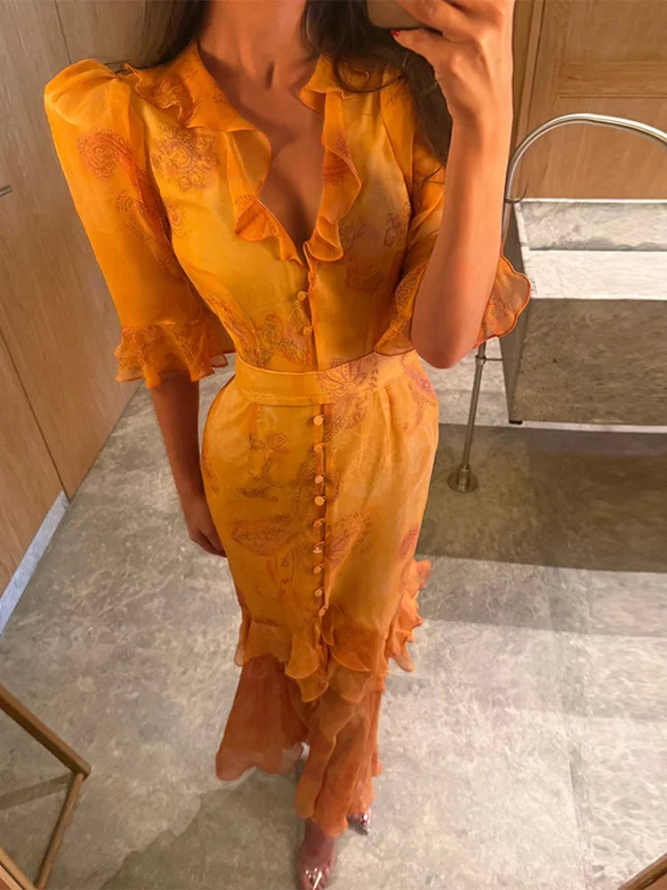 Abito lungo da donna con scollo a V, spacco alto, mezza manica, vestibilità slim, elegante, con vita accentuata e volant, perfetto per feste, vacanze ed estate