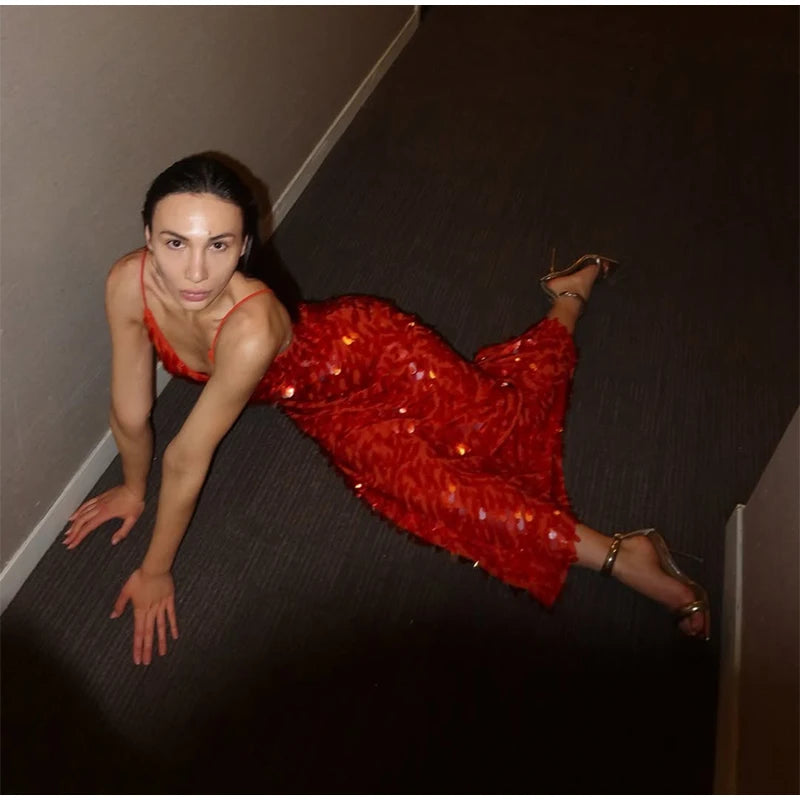 Abito lungo da donna con paillettes Abito lungo con scollo a V Solido Backless Vita alta Abiti senza maniche 2025 Moda Nuova estate Lady Party Robes