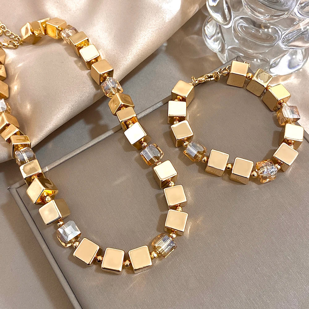 Parure de bijoux pour femmes nouveau design CCB couleur or géométrie cube carré chaîne épaisse collier bracelet bijoux de mode cadeau